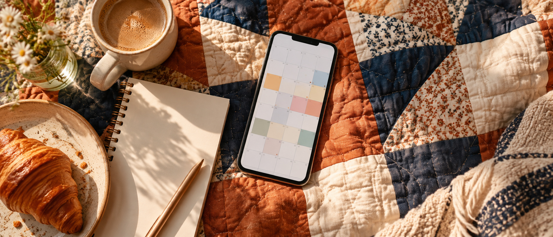 A patchwork quilt beside a phone showing a calendar