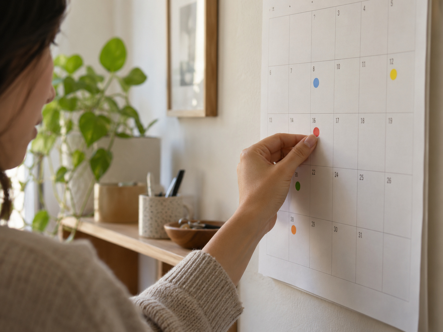 A wall calendar with colored stickers