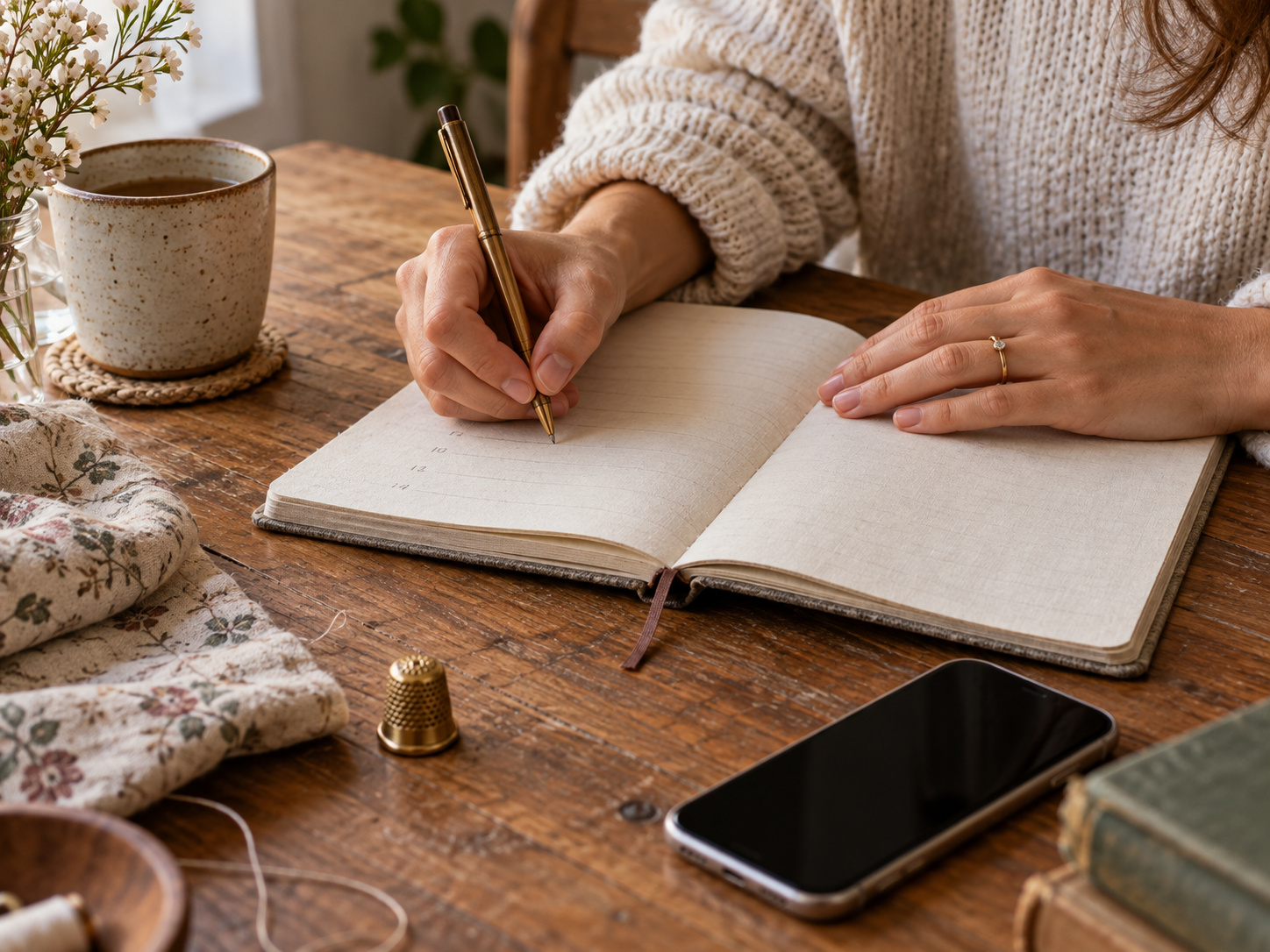 Hands writing dates in a notebook